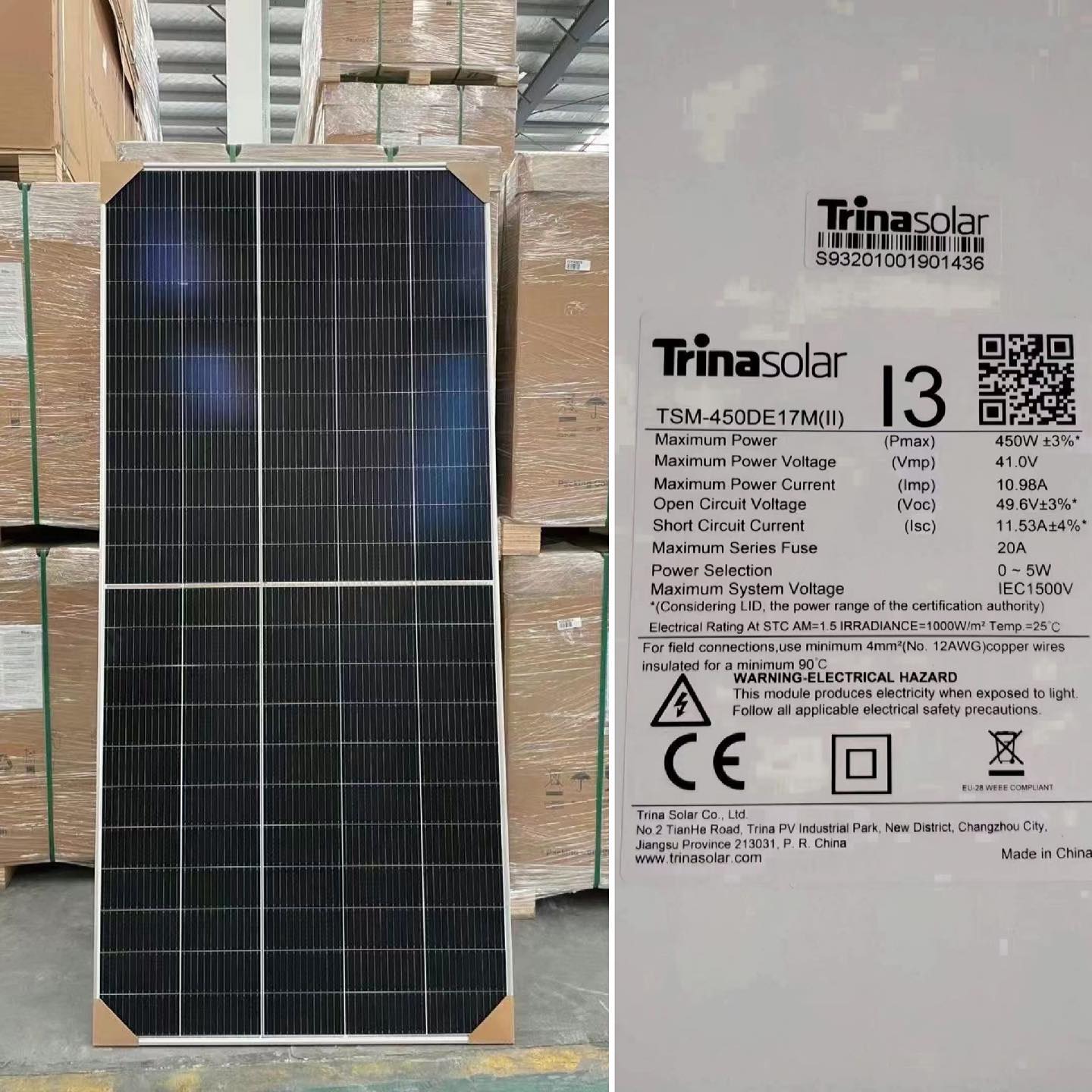 天合光能组件 460w 太阳能电池板 450W Tier 1 单晶太阳能电池板